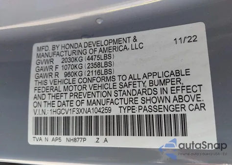 2022 Honda Accord Sport z USA, uszkodzony, nr VIN 1HGCV1F3XNA104259